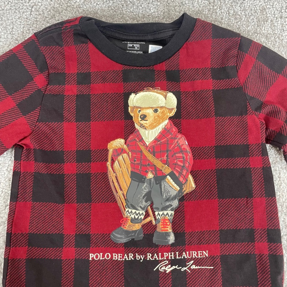 Ralph Lauren Polo Bear T Shirt Boys 24M Toddler Buffalo Plaid Long Sleeve Red